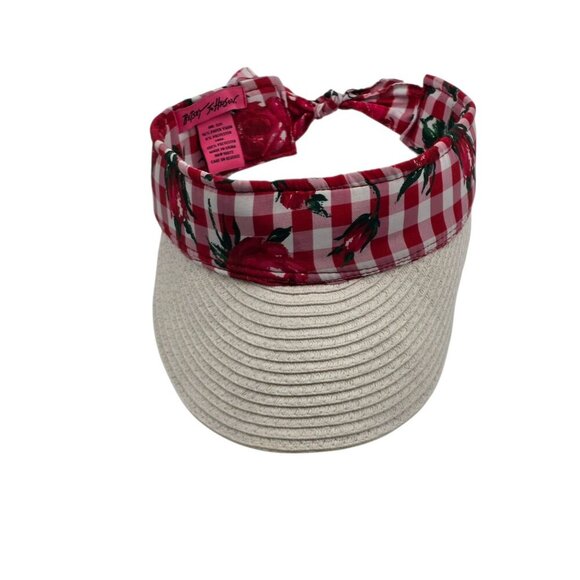 Women's - Betsey Johnson Straw Checked Rose Sun Visor Hat - Picture 1 of 7